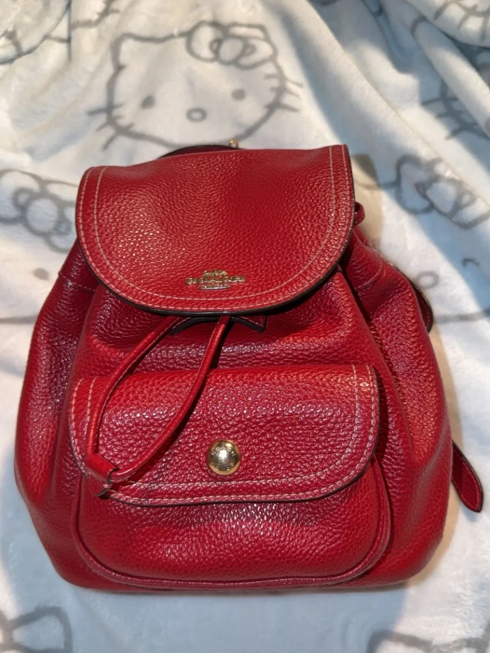 Coach Red Pebbled Leather Mini Drawstring Backpack with Front Pocket